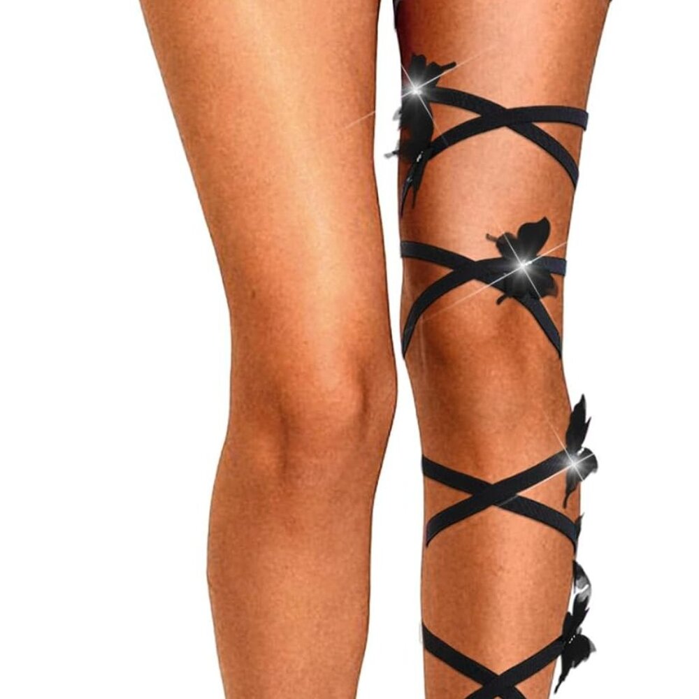 Rave Leg Wrap Butterfly Lace Rhinestone Non-Slip Elastic Legging Gothic Festival